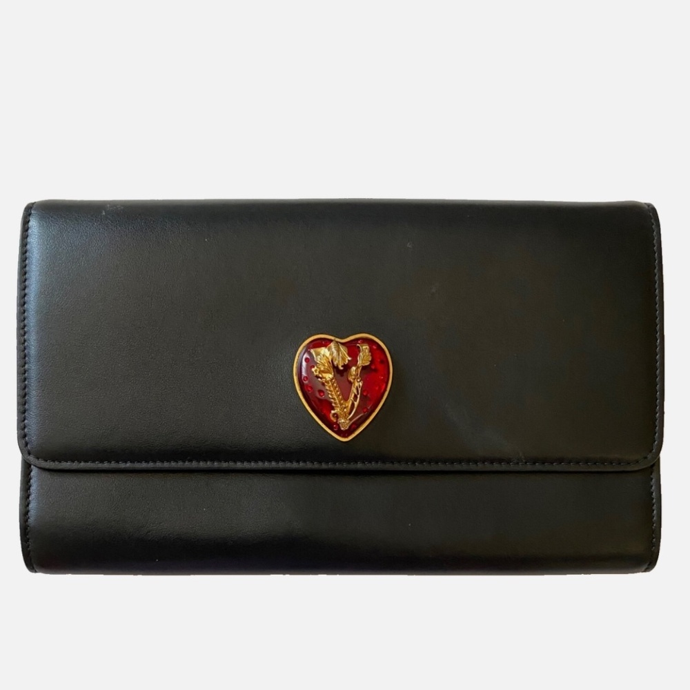 Authentic Vintage Versace Black Leather Handbag Red Heart Logo Gold Chain HTF - Picture 2 of 12